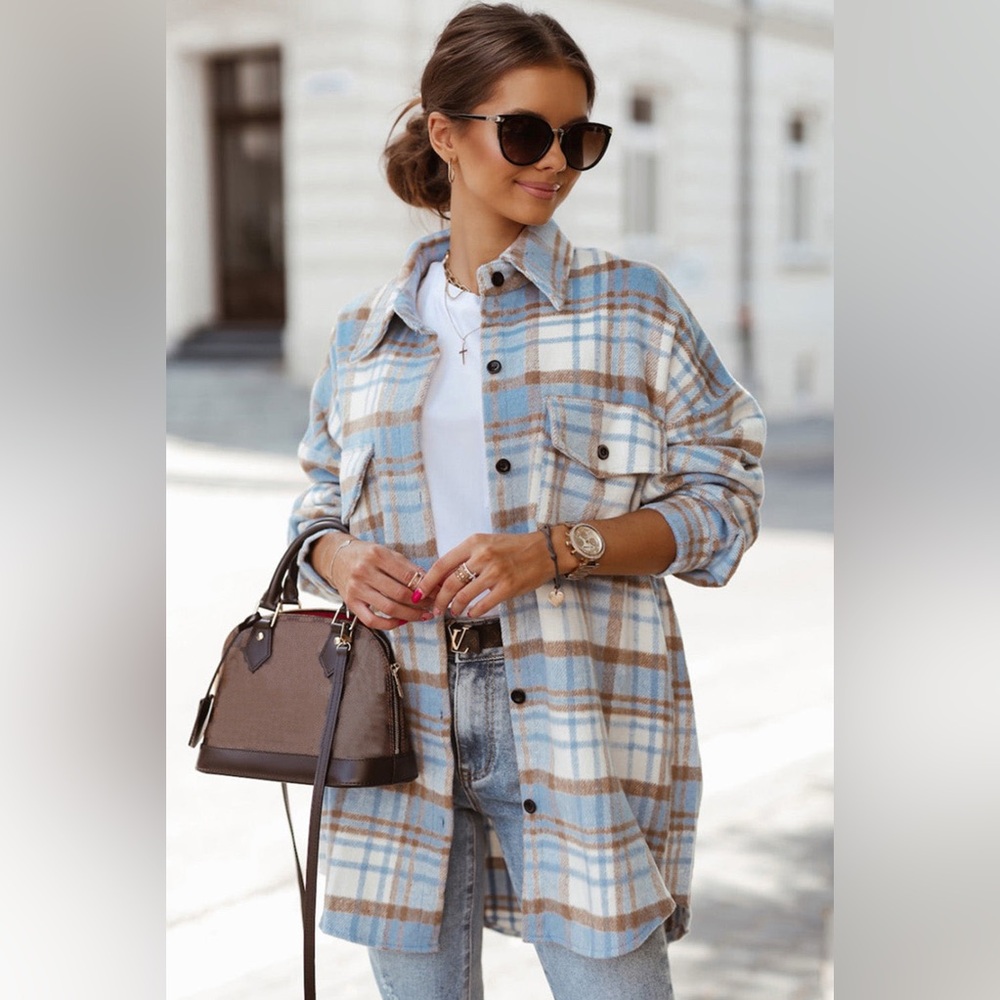 Blue and Brown Plaid Oversized Shirt Jacket